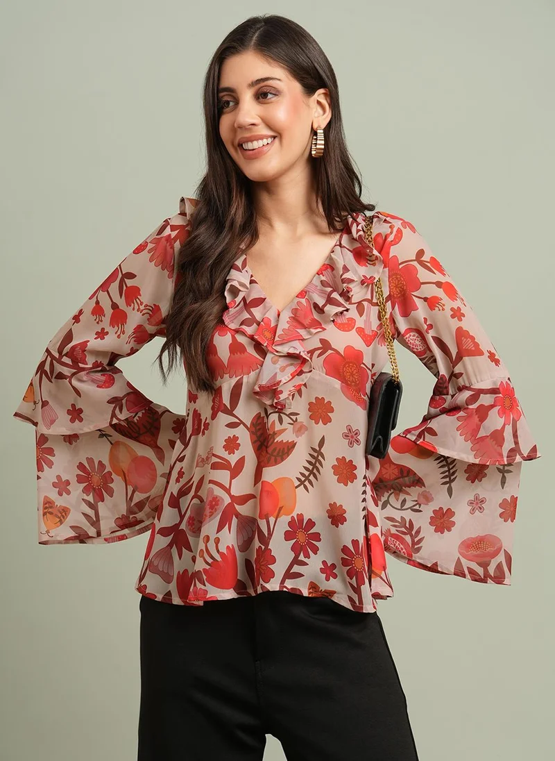 جلو باص Globus Women Red V-Neck Bell Sleeves Floral Print Ruffle Detail Georgette Peplum Top