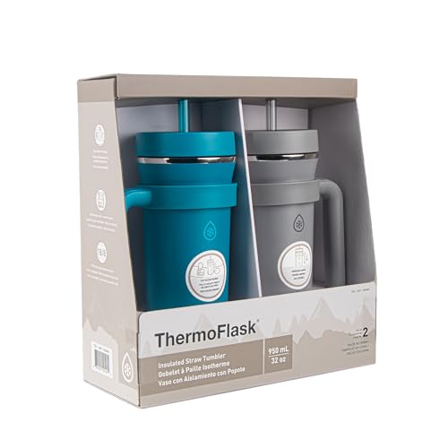 ThermoFlask Premium Quality Double Wall Insulated Stainless Steel Tumbler with Handle and Straw Lid, 32 Ounce, 2-Pack, Crystal Teal/Circular Grey - Image 1