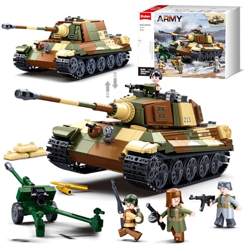 Sluban WW2 Tiger II Army Tank, Building Kit Set, Military Model Toys, with 4 Soldier Figures, Gifts for 6-12 Years Kids Old Army Toys, Compatible with Lego Tank, 930 PCS - Image 1