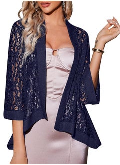 zeagoo Zeagoo Women's High Low Floral Lace Top 3 4 Sleeve Sheer Cardigan Plus Size Cover Up Jacket Navy Blue  - Image 5