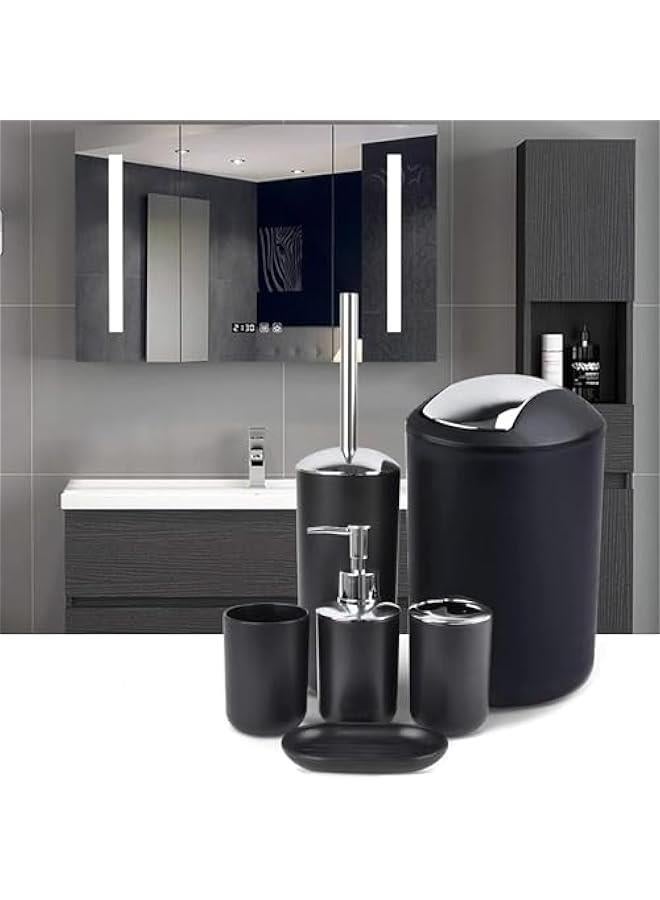 Bathroom Accessories Set with Tray, 6 Piece Plastic Gift Bath Set with Trash Can, Toilet Brush, Soap Dispenser, Soap Dish, Lotion Set Tumbler Cup (Black) - Image 3