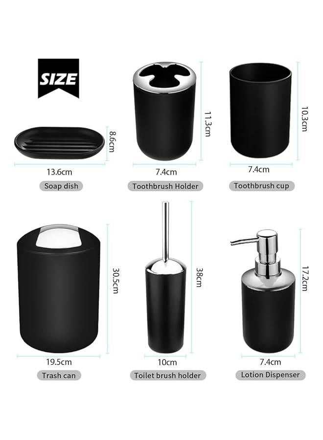 Bathroom Accessories Set with Tray, 6 Piece Plastic Gift Bath Set with Trash Can, Toilet Brush, Soap Dispenser, Soap Dish, Lotion Set Tumbler Cup (Black) - Image 2