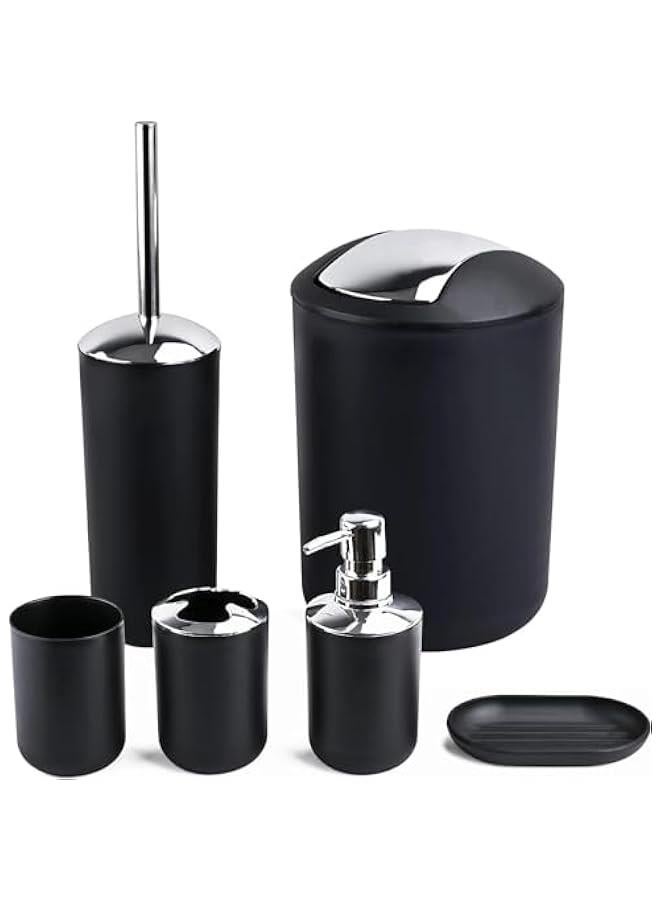 Bathroom Accessories Set with Tray, 6 Piece Plastic Gift Bath Set with Trash Can, Toilet Brush, Soap Dispenser, Soap Dish, Lotion Set Tumbler Cup (Black) - Image 1