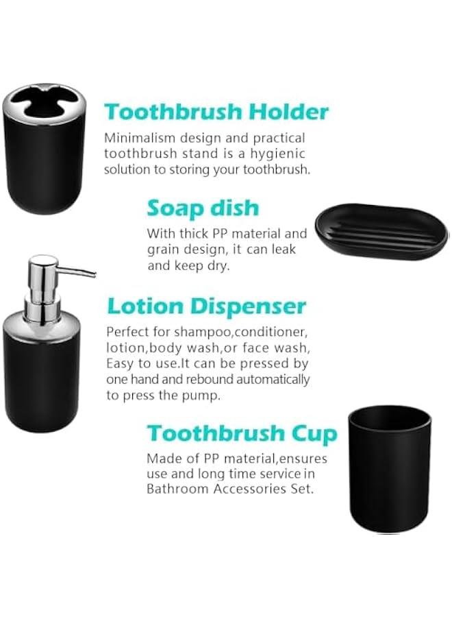 Bathroom Accessories Set with Tray, 6 Piece Plastic Gift Bath Set with Trash Can, Toilet Brush, Soap Dispenser, Soap Dish, Lotion Set Tumbler Cup (Black) - Image 4