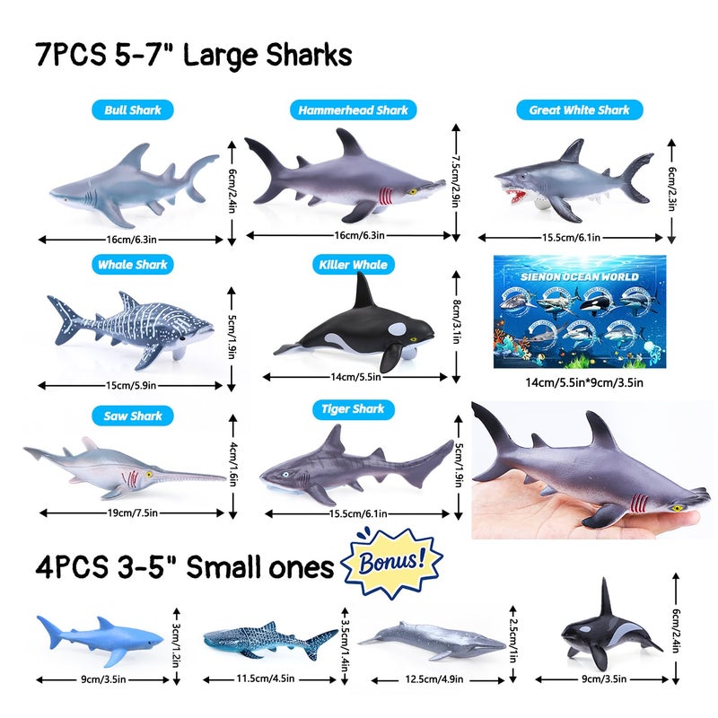 SIENON 11pcs Shark Figures with Booklet, Realistic Sea Creatures Bath Toys Whale Shark Ocean Animal Figurines for Kids Educational Birthday Party Favors Cake Toppers - Image 2