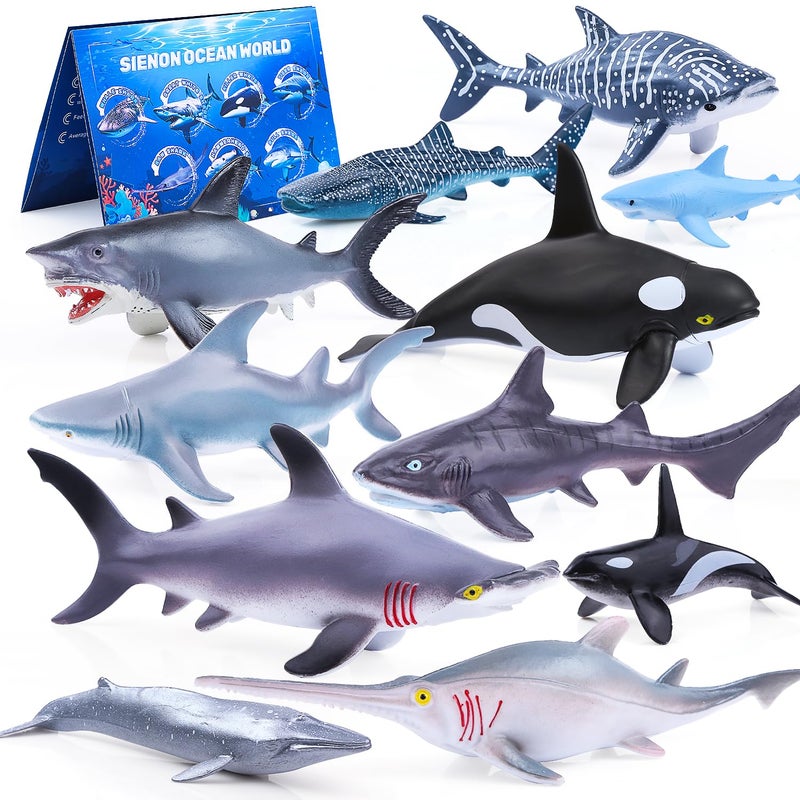 SIENON 11pcs Shark Figures with Booklet, Realistic Sea Creatures Bath Toys Whale Shark Ocean Animal Figurines for Kids Educational Birthday Party Favors Cake Toppers - Image 1
