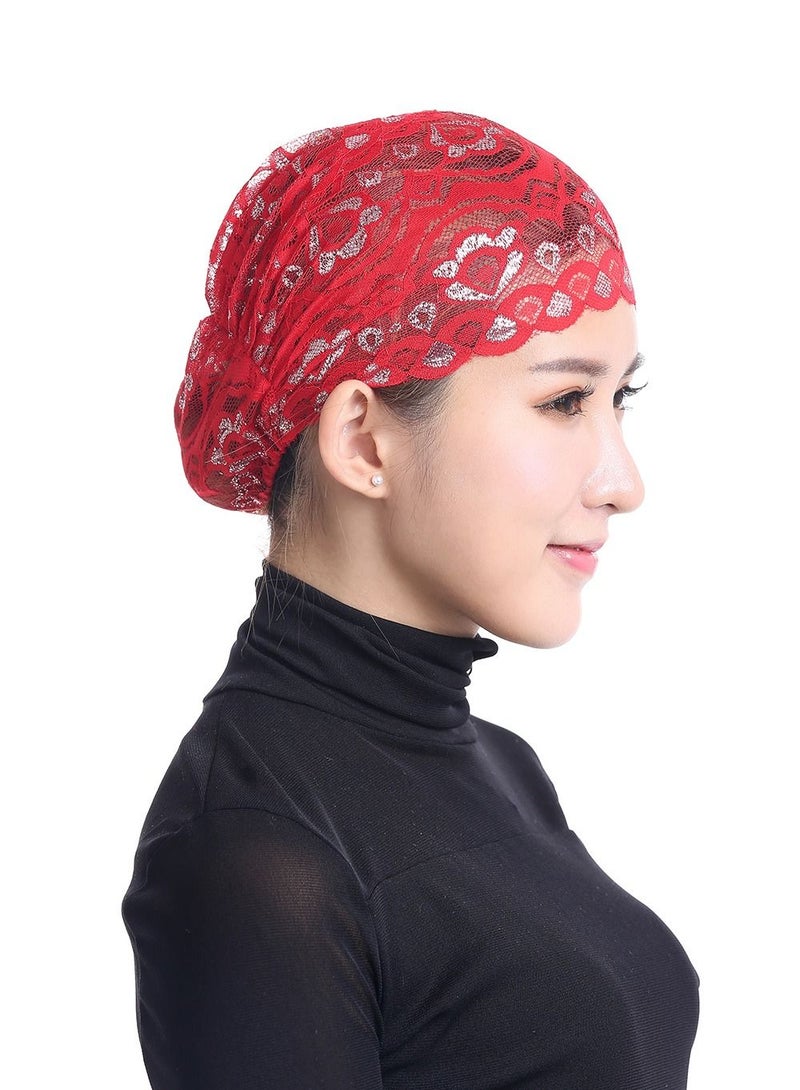 Loquat Women's Solid Color Shiny Lace Hijab Inner Cap Red  - Image 1