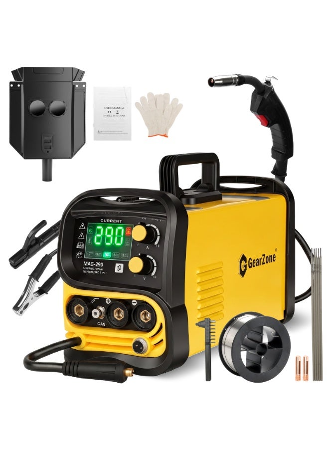 جيرزون ماكينة لحام GearZone Pro 290MX متعددة العمليات 6 في 1، تدعم اللحام النبضي MIG، واللحام بالغاز MAG MIG، واللحام بدون غاز باستخدام سلك التدفق، واللحام بالقوس الكهربائي (ARC)، واللحام بالرفع TIG، تعمل بجهد 220 فولت مع شاشة LCD، لون أصفر - Image 1