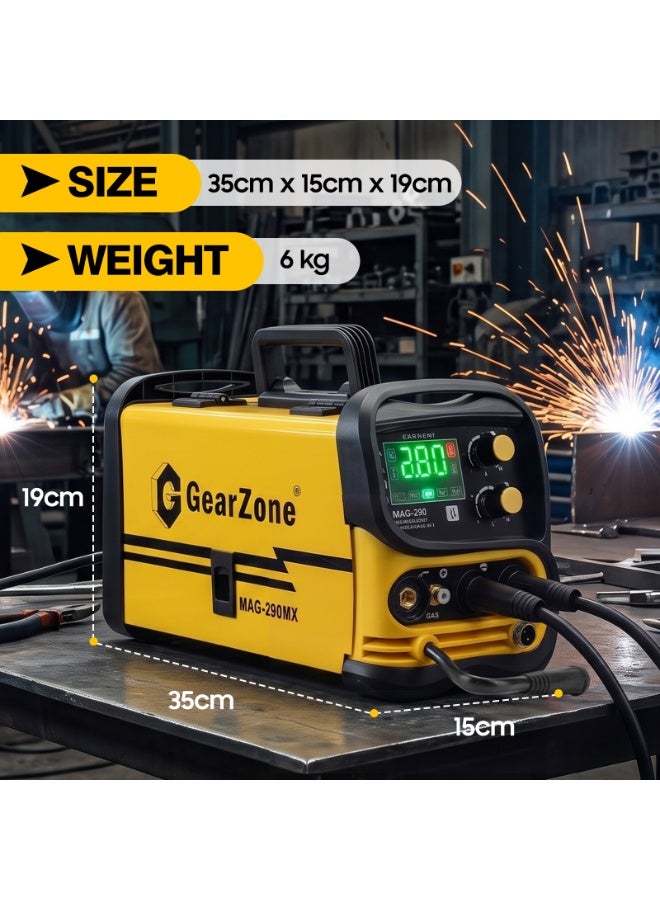 جيرزون ماكينة لحام GearZone Pro 290MX متعددة العمليات 6 في 1، تدعم اللحام النبضي MIG، واللحام بالغاز MAG MIG، واللحام بدون غاز باستخدام سلك التدفق، واللحام بالقوس الكهربائي (ARC)، واللحام بالرفع TIG، تعمل بجهد 220 فولت مع شاشة LCD، لون أصفر - Image 2