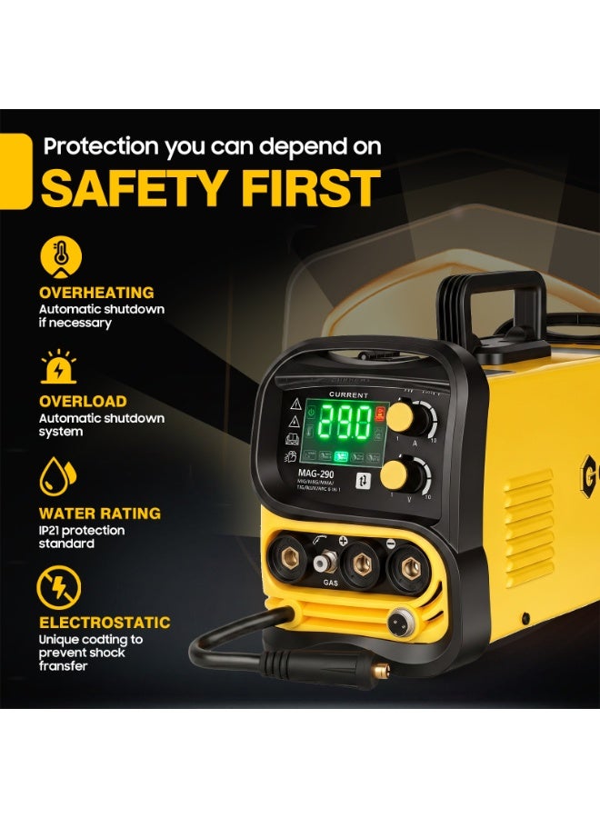 جيرزون ماكينة لحام GearZone Pro 290MX متعددة العمليات 6 في 1، تدعم اللحام النبضي MIG، واللحام بالغاز MAG MIG، واللحام بدون غاز باستخدام سلك التدفق، واللحام بالقوس الكهربائي (ARC)، واللحام بالرفع TIG، تعمل بجهد 220 فولت مع شاشة LCD، لون أصفر - Image 5
