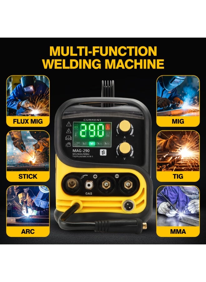 جيرزون ماكينة لحام GearZone Pro 290MX متعددة العمليات 6 في 1، تدعم اللحام النبضي MIG، واللحام بالغاز MAG MIG، واللحام بدون غاز باستخدام سلك التدفق، واللحام بالقوس الكهربائي (ARC)، واللحام بالرفع TIG، تعمل بجهد 220 فولت مع شاشة LCD، لون أصفر - Image 3