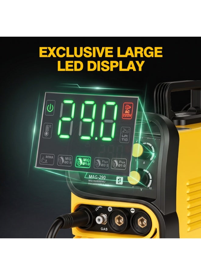 جيرزون ماكينة لحام GearZone Pro 290MX متعددة العمليات 6 في 1، تدعم اللحام النبضي MIG، واللحام بالغاز MAG MIG، واللحام بدون غاز باستخدام سلك التدفق، واللحام بالقوس الكهربائي (ARC)، واللحام بالرفع TIG، تعمل بجهد 220 فولت مع شاشة LCD، لون أصفر - Image 4