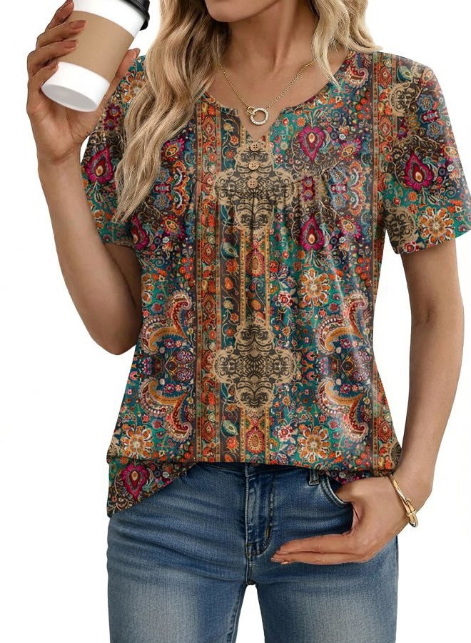 ZEAGOO Womens Summer Tops 2026 Short Sleeve Shirts V Neck Pleated Tunic Tops Work Blouses Business Casual Outfits S-3XL, Bohemian, XL - Image 1