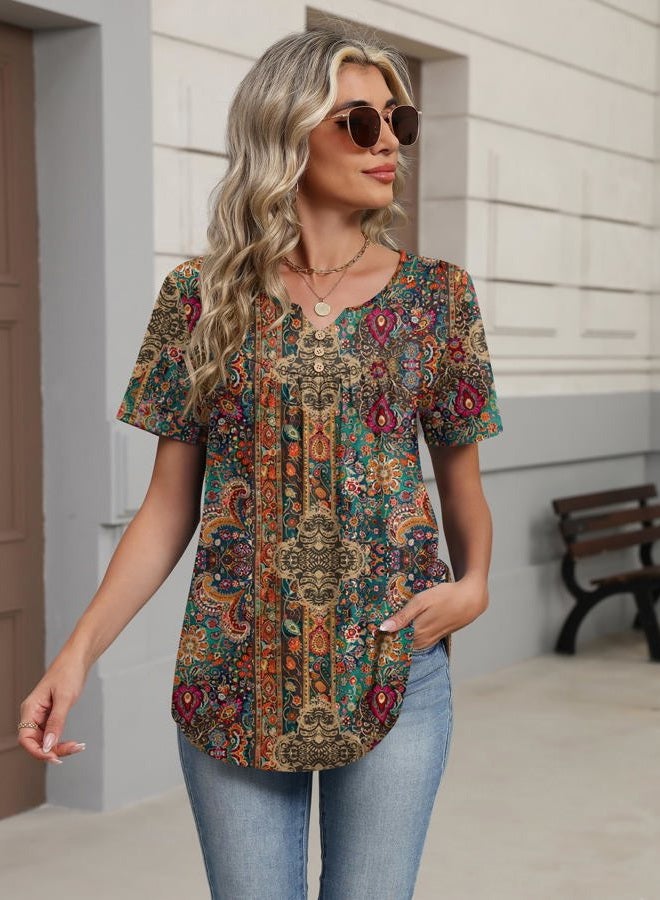 ZEAGOO Womens Summer Tops 2026 Short Sleeve Shirts V Neck Pleated Tunic Tops Work Blouses Business Casual Outfits S-3XL, Bohemian, XL - Image 3