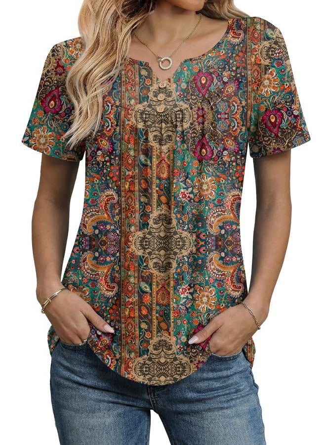 ZEAGOO Womens Summer Tops 2026 Short Sleeve Shirts V Neck Pleated Tunic Tops Work Blouses Business Casual Outfits S-3XL, Bohemian, XL - Image 2