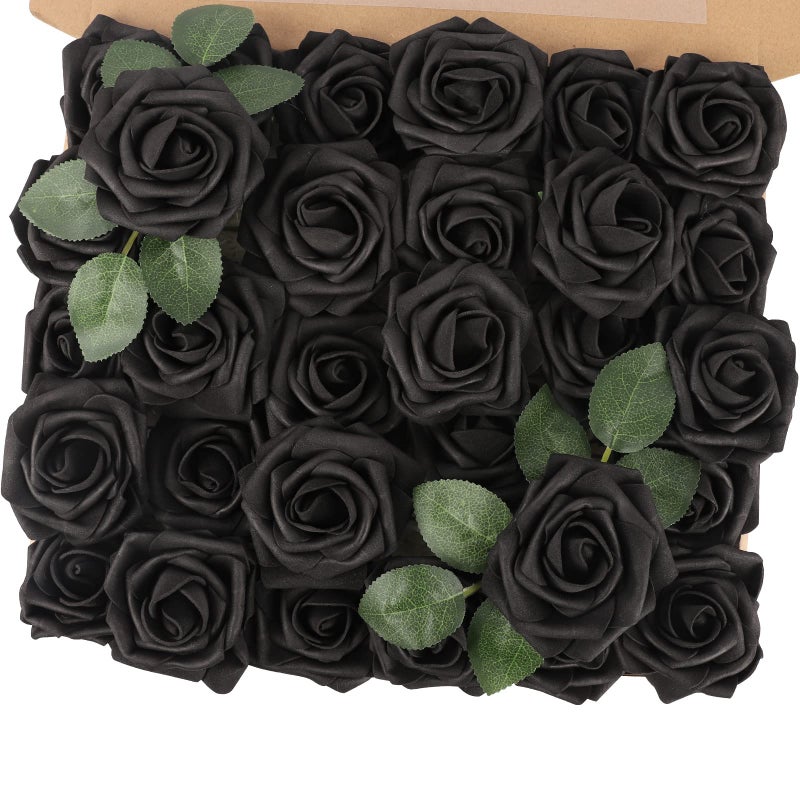 MACTING Artificial Black Rose Flowers 30PCS Real Touch Fake Flowers with Stem Foam Roses for DIY Wedding Bouquet Gifts Table Centerpieces Party Bridal Shower Home Spring Decorations - Image 1