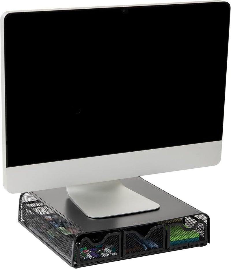 Mind Reader Monitor Stand, Ventilated Laptop Riser, Desktop Organizer, Storage, Metal Mesh, 13.25"L x 12.5"W x 3"H, Black - Image 1