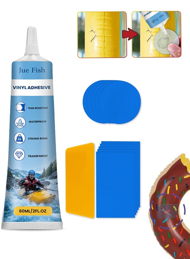 JUE FISH Air Mattress Patch Kit, Vinyl Pool Liner Repair Kit, Inflatable Repair Patch Kit for Air Beds, Hot Tubs, Inflatable Boats, Bounce House, Swim Rings & Toys (60ml) - Image 1