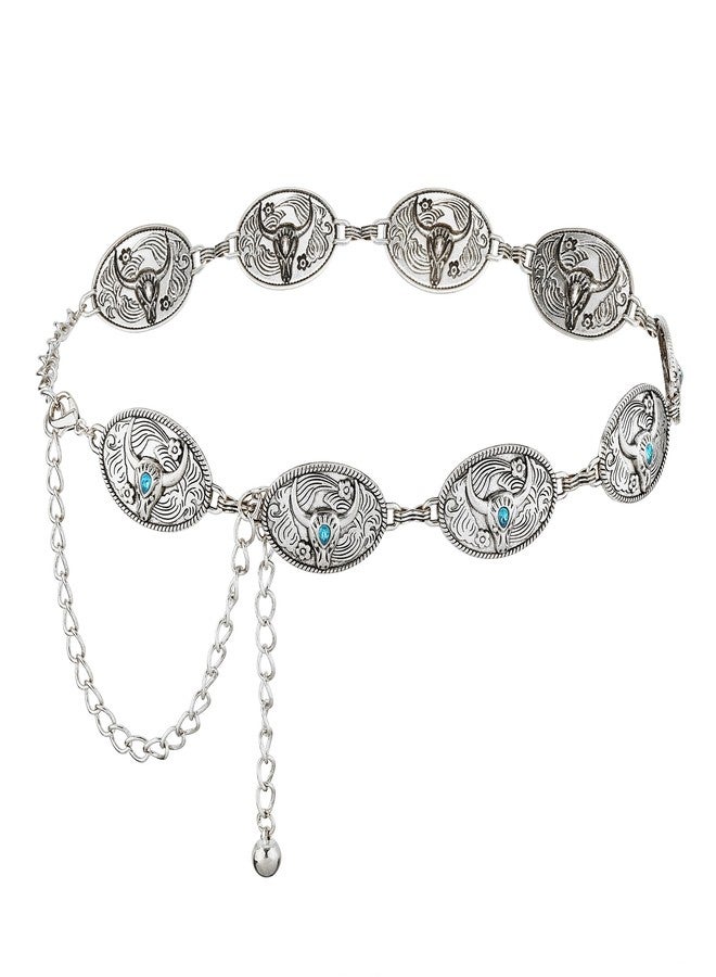 FALETO Western Metal Belts for Women Cowgirl Concho Chain Belt Vintage Boho Turquoise Waist Chains for Dresses Jeans Country Concert Outfit B-Silver - Image 1