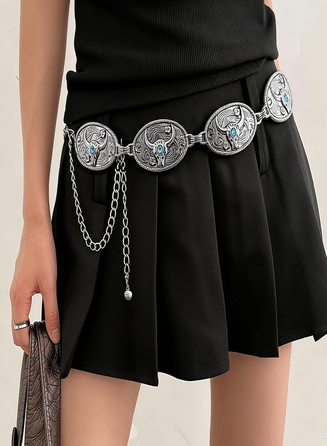 FALETO Western Metal Belts for Women Cowgirl Concho Chain Belt Vintage Boho Turquoise Waist Chains for Dresses Jeans Country Concert Outfit B-Silver - Image 3