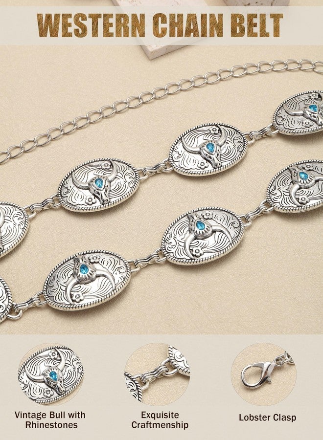 FALETO Western Metal Belts for Women Cowgirl Concho Chain Belt Vintage Boho Turquoise Waist Chains for Dresses Jeans Country Concert Outfit B-Silver - Image 5