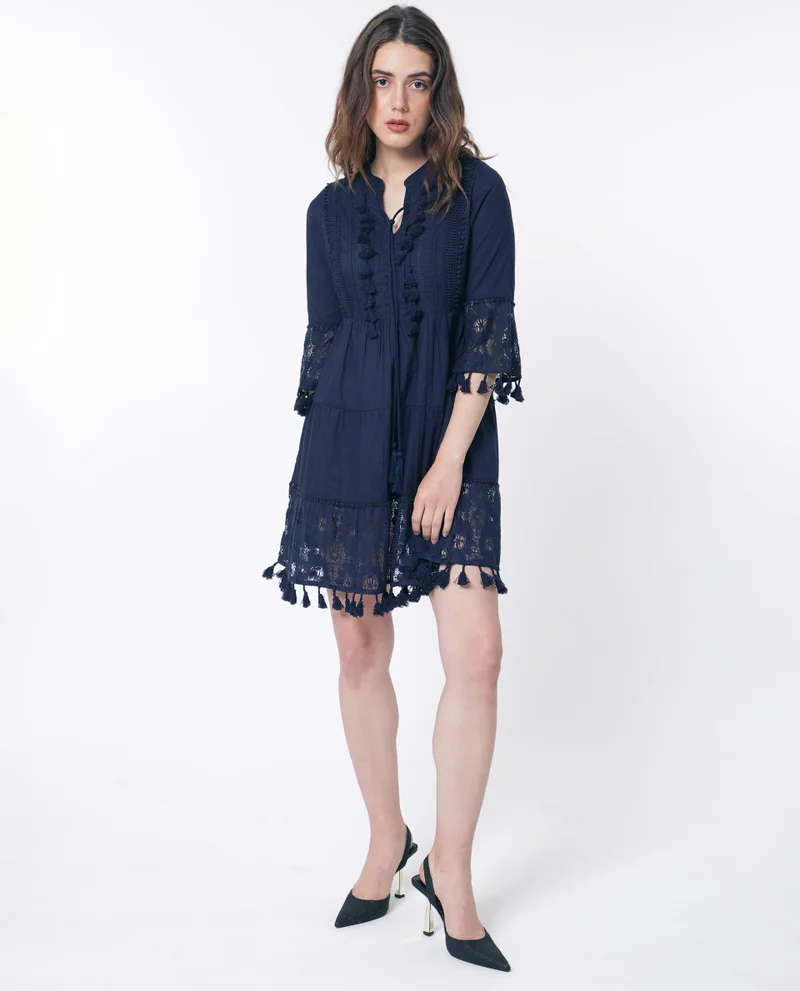 Rareism Rareism Women Andarin Navy Tie Up Neck Bell Sleeves Tassel Lace On Sleeve And Hem Mini Dress