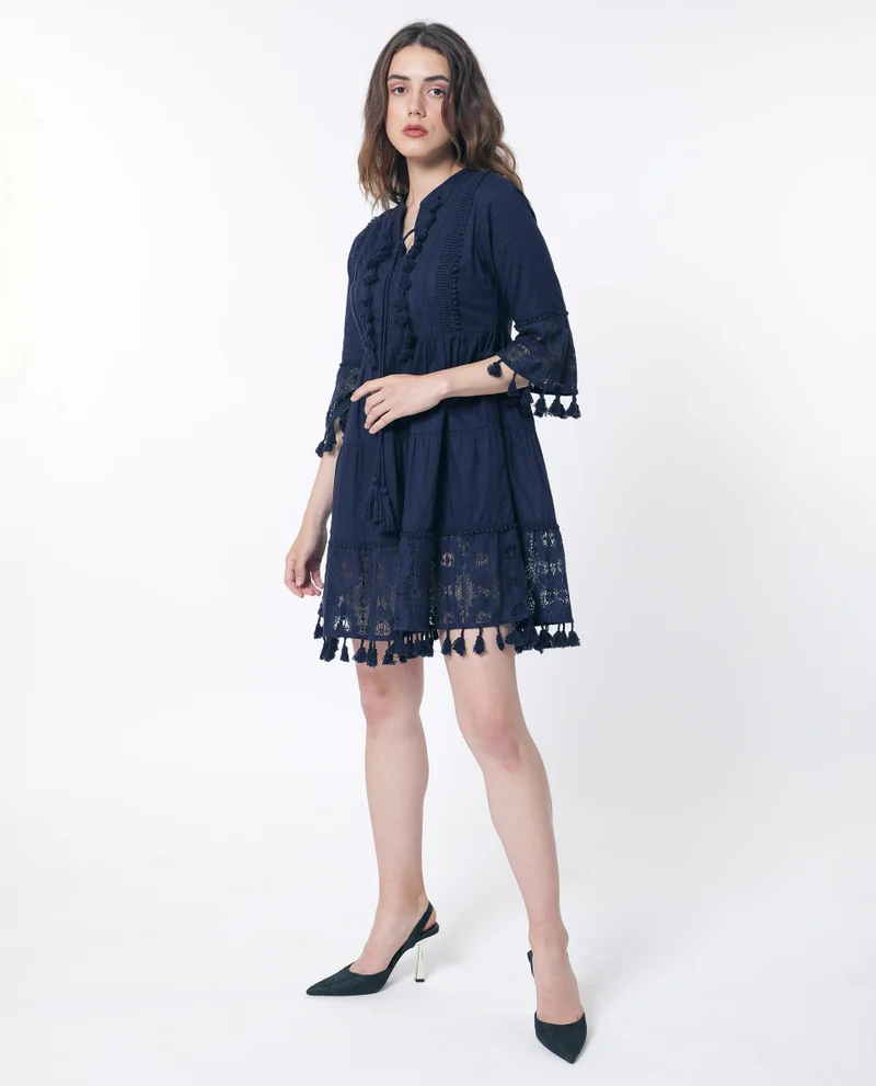 Rareism Rareism Women Andarin Navy Tie Up Neck Bell Sleeves Tassel Lace On Sleeve And Hem Mini Dress