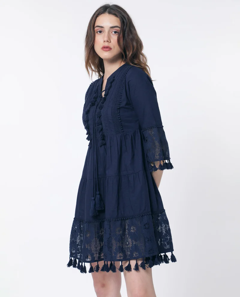 Rareism Rareism Women Andarin Navy Tie Up Neck Bell Sleeves Tassel Lace On Sleeve And Hem Mini Dress