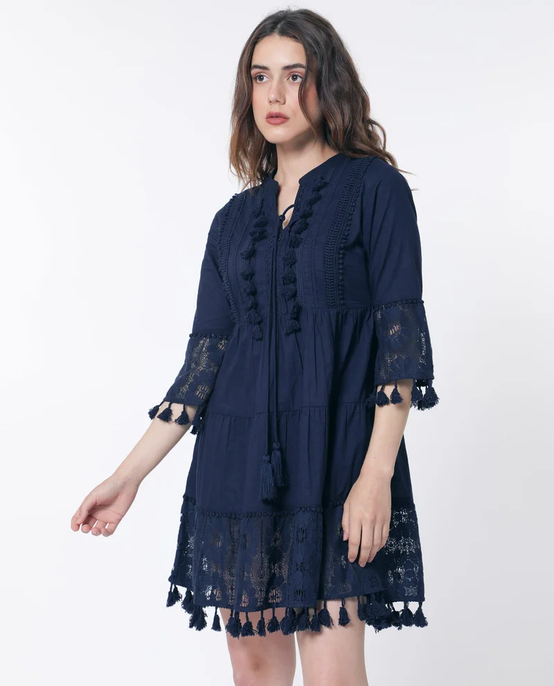 Rareism Rareism Women Andarin Navy Tie Up Neck Bell Sleeves Tassel Lace On Sleeve And Hem Mini Dress