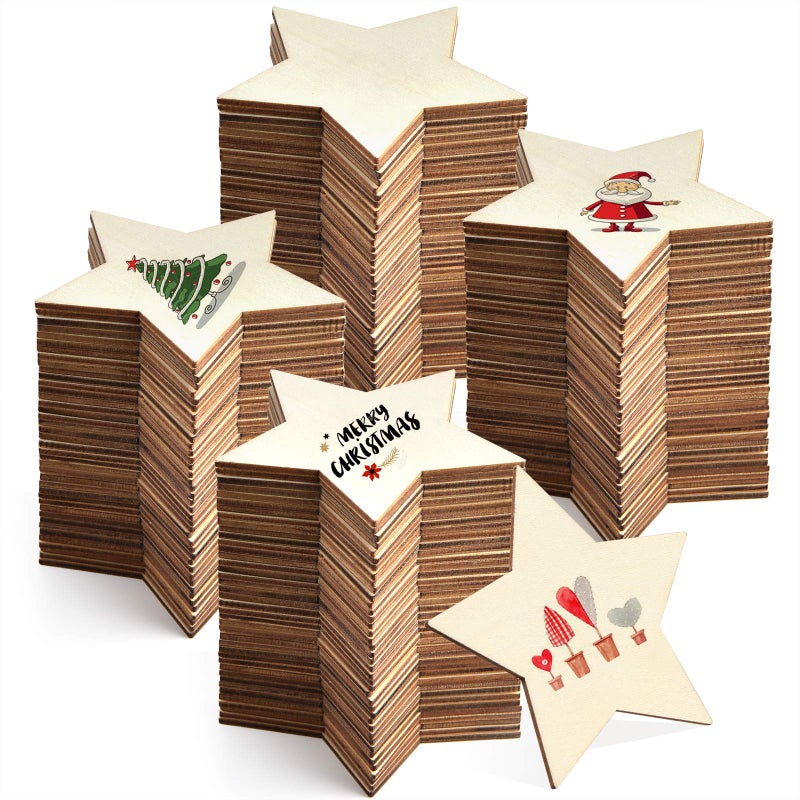 80 Pieces 4 Inch Unfinished Wooden Star Blank Natural Wood Slices Wooden Cutout Tiles for DIY Crafts Home Decoration Painting Staining Star