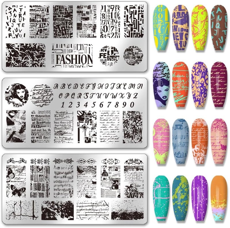 PH PandaHall 3pcs Graffiti Texture Nail Stamping Plates Number Alphabet Nails Art Stencils Vintage Styles Manicure Art Templates Letter Nail Image Plates for DIY Women Manicures Salon Design Tools