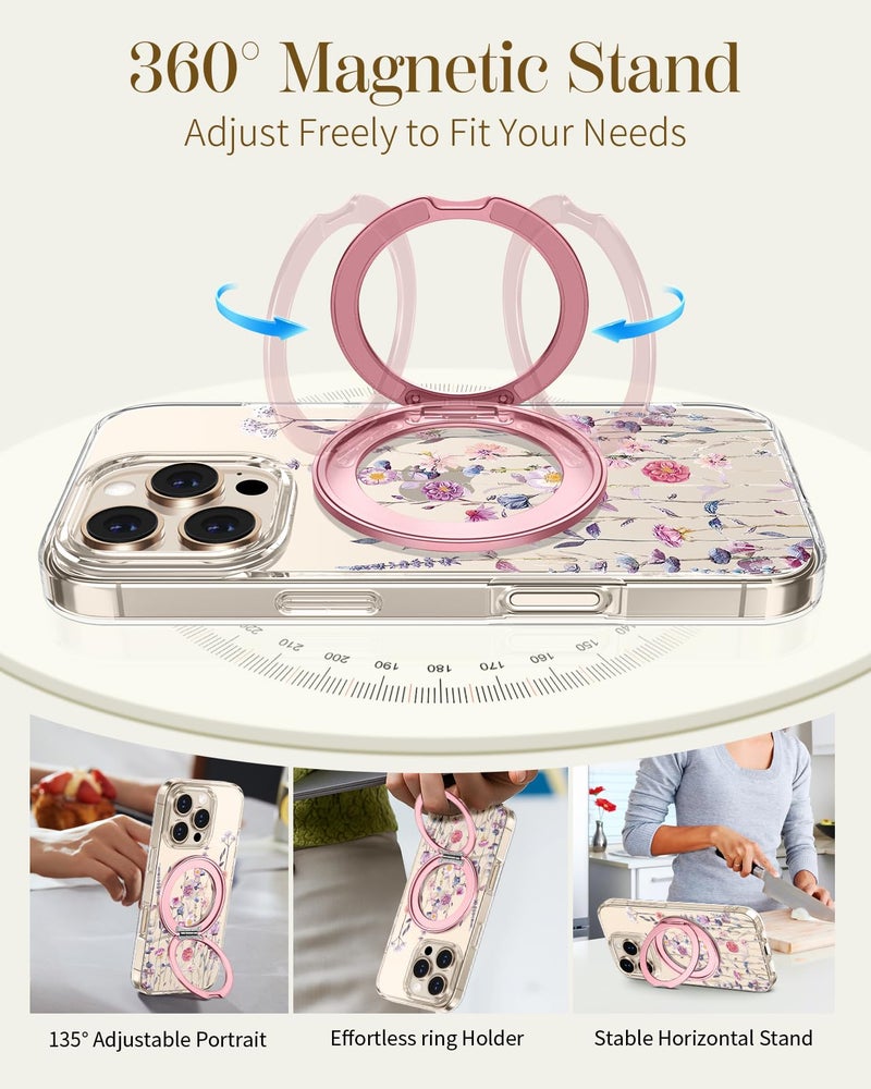Loheckle for iPhone 16 Pro Max Case with Stand- Compatible with MagSafe Women Girls Cute Clear Girly Unique Design Soft TPU Magnetic Ring Phone Cover for Apple 16 Promax, Purple Flower - Image 4