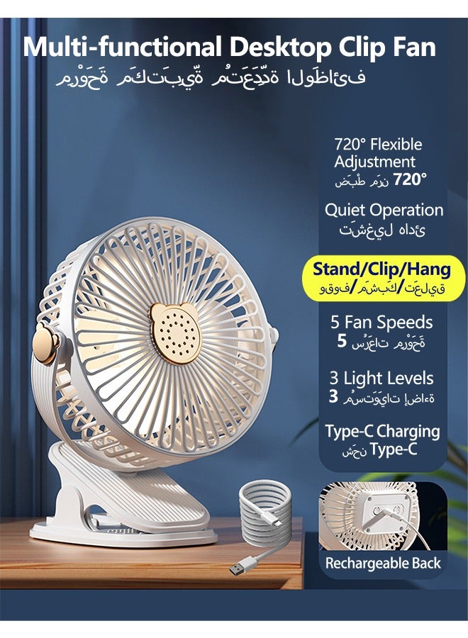 OLYSON Multi-functional Wall and Desktop Clip Fan - 500mAh Portable Fan Battery Rechargeable，5 Speeds and Strong Airflow | 3-speed adjustable light | 720-Degree Rotation | Aroma Diffuser Pad Slot , USB Fan Small Desk Fan Personal Quiet Fan for Office、Stroller、 Bedroom、 Dorm、 Bed and Camping  - Image 1