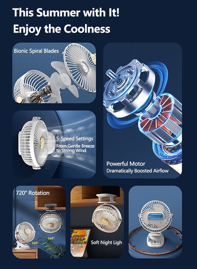 OLYSON Multi-functional Wall and Desktop Clip Fan - 500mAh Portable Fan Battery Rechargeable，5 Speeds and Strong Airflow | 3-speed adjustable light | 720-Degree Rotation | Aroma Diffuser Pad Slot , USB Fan Small Desk Fan Personal Quiet Fan for Office、Stroller、 Bedroom、 Dorm、 Bed and Camping  - Image 2