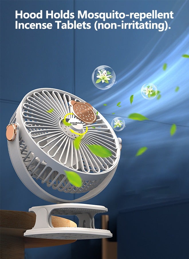 OLYSON Multi-functional Wall and Desktop Clip Fan - 500mAh Portable Fan Battery Rechargeable，5 Speeds and Strong Airflow | 3-speed adjustable light | 720-Degree Rotation | Aroma Diffuser Pad Slot , USB Fan Small Desk Fan Personal Quiet Fan for Office、Stroller、 Bedroom、 Dorm、 Bed and Camping  - Image 4