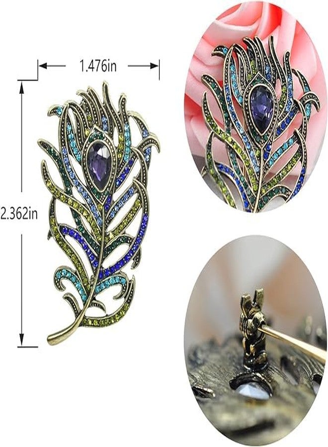 Axmerdal 2Pcs Women Vintage Enamel Blue Peacock Feather Brooch Pins Simulated Crystal Plume Brooches Pin Costume Jewelry for Tie Hat Scarf - Image 2