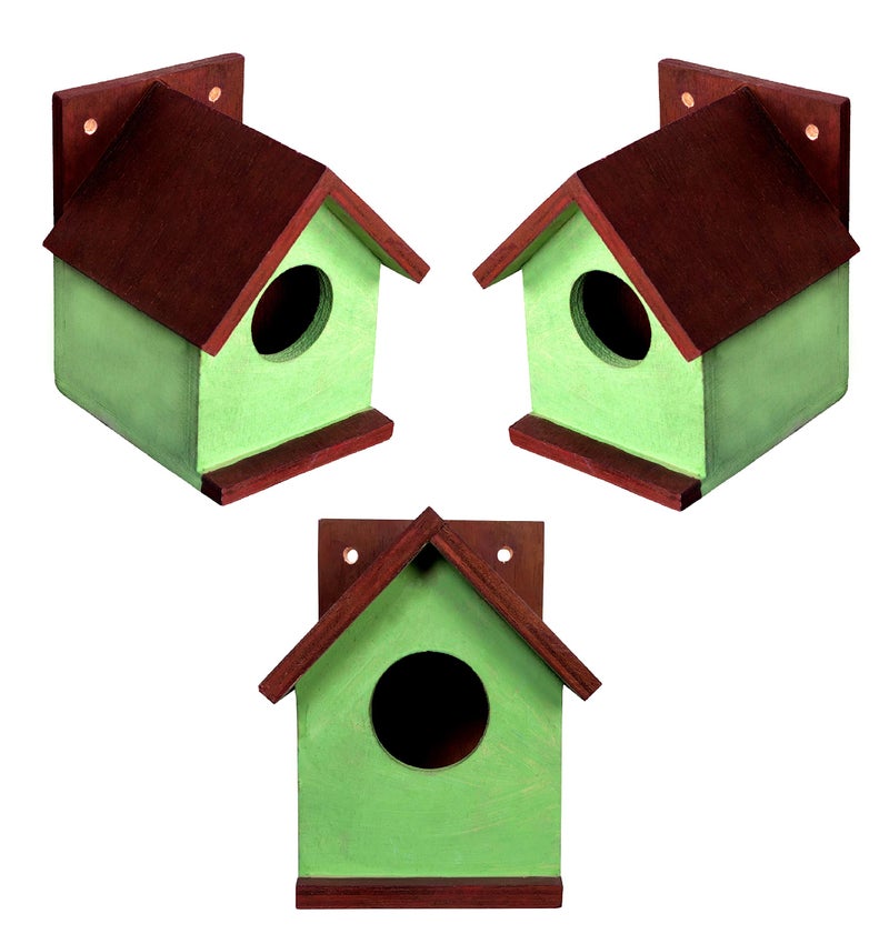 Cket Bird House Nest Box Pure Wooden for Sparrow, Budgies and Finches Eco Friendly for Garden Balcony Hanging 07 Green (Pack of 3) - Image 1