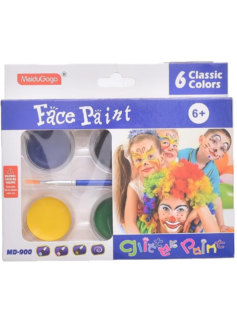 MeiduGaga Non-Toxic Glitter Face Paint Pack of 6 Colors with Brush - Multi Color - No:MD900 - Image 1