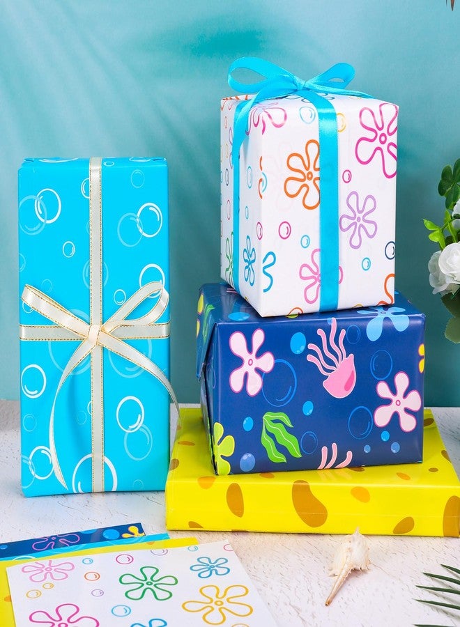 FYSUIMU 8 Sheets Cartoon Sponge Wrapping Paper - Not Roll - Ocean Flower Bubble Jellyfish Gift Wrap Paper Folded Flat for DIY Crafts Birthday Under The Sea Party, 19.7 x 27.6 Inch - Image 4