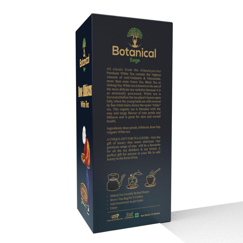 Botanical Sage- Rose Hibiscus White Tea 40 Pyramid Tea Bags | Selected | Luxury Tea | Himalayan White tea with Rose Petals Hibiscus & Rose hip - Image 5