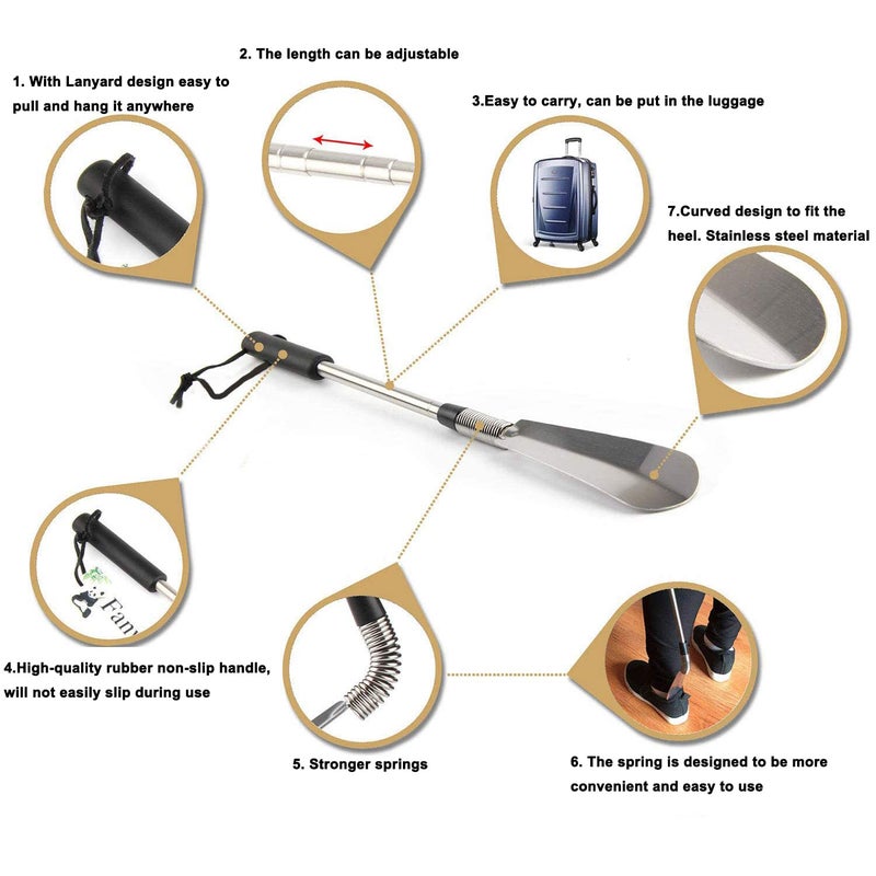 Fanwer Premium Long Handled Shoe Lifter 16" to 31" Adjustable Expander Shoe Horn - Extends & Collapses Stainless Steel Telescopic Spring Shoehorn - Image 3