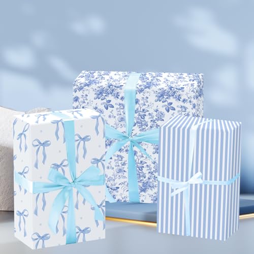 Keluna Blue Bow Gift Wrapping Paper - 12 Pcs Cute Bow Chinoiserie Art Design Gifts Wrap Paper For Valentine'S Day Boy Birthday Bachelorette Party Baby Shower Wedding Holiday - Image 4