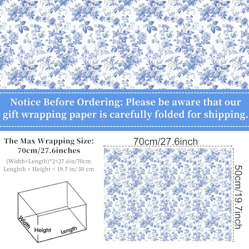 Keluna Blue Bow Gift Wrapping Paper - 12 Pcs Cute Bow Chinoiserie Art Design Gifts Wrap Paper For Valentine'S Day Boy Birthday Bachelorette Party Baby Shower Wedding Holiday - Image 3