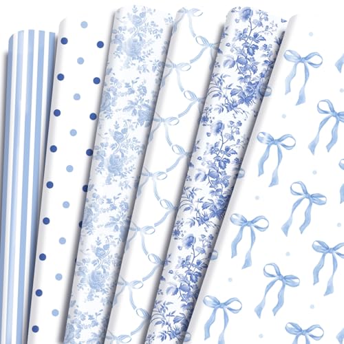 Keluna Blue Bow Gift Wrapping Paper - 12 Pcs Cute Bow Chinoiserie Art Design Gifts Wrap Paper For Valentine'S Day Boy Birthday Bachelorette Party Baby Shower Wedding Holiday - Image 1