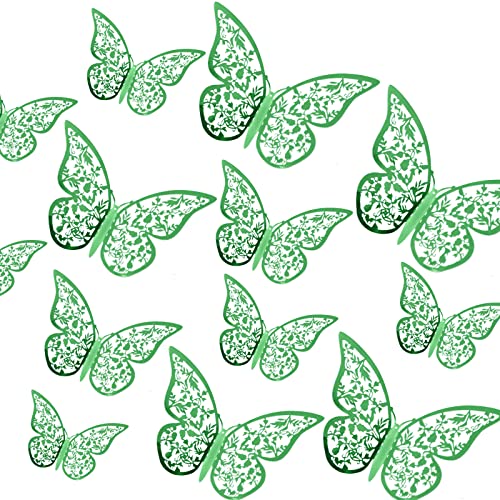 AIEX 24 x 3D Butterfly Ornaments Decorative Removable Vivid Stickers with 3 Different Sizes Dark Green