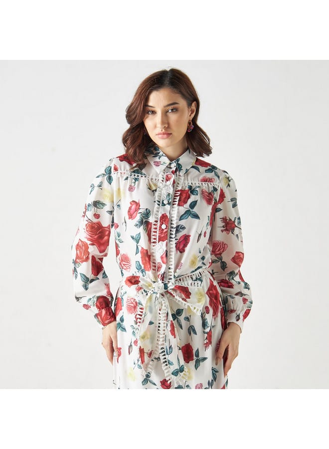 2Xtremz 2Xtremz All-Over Floral Print Shirt with Lace Detail and Waist Tie-Ups  - Image 1