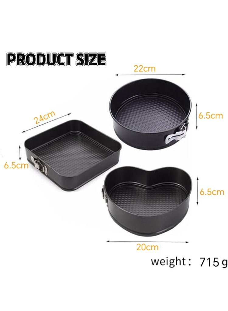 3-Piece Non-Stick Springform Cake Pan Set with Removable Bottom - Round, Square, and Heart Shapes - Image 2