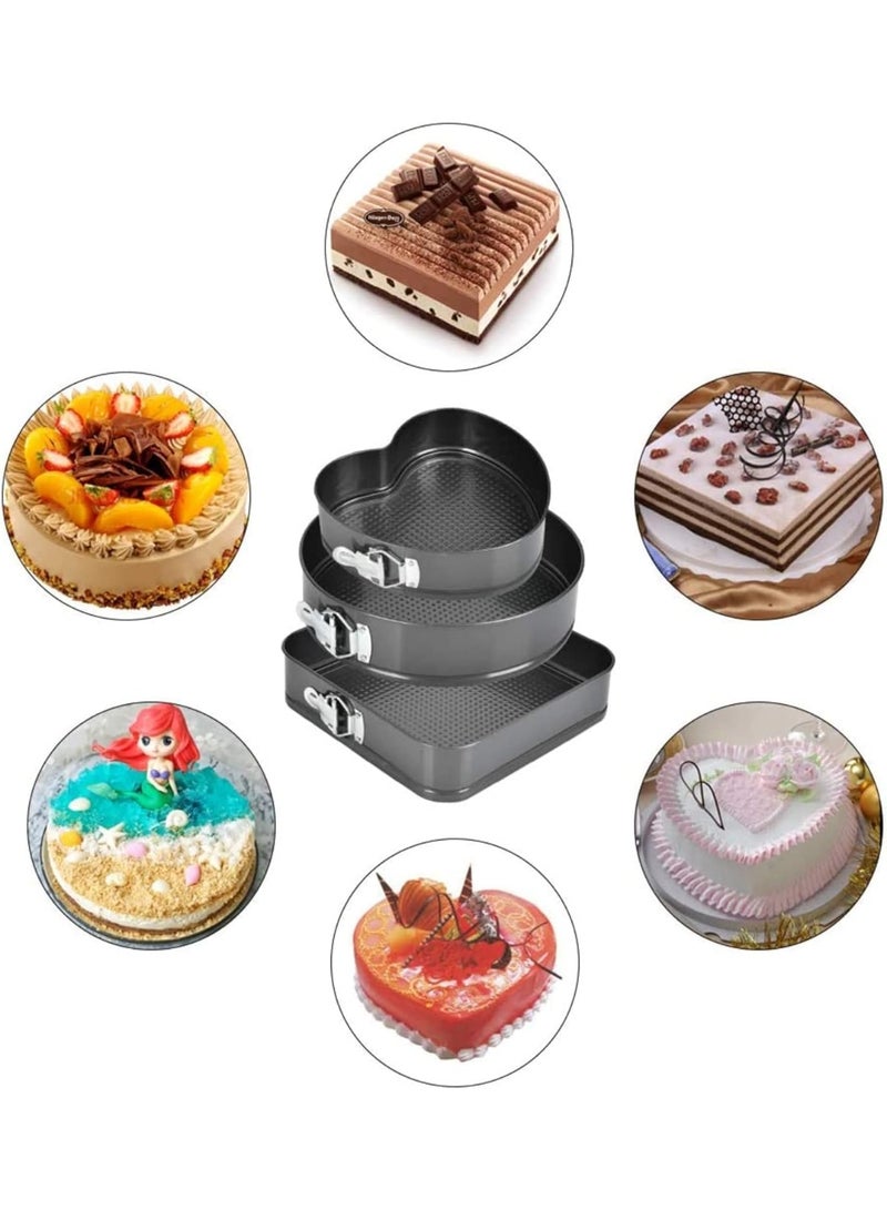 3-Piece Non-Stick Springform Cake Pan Set with Removable Bottom - Round, Square, and Heart Shapes - Image 4
