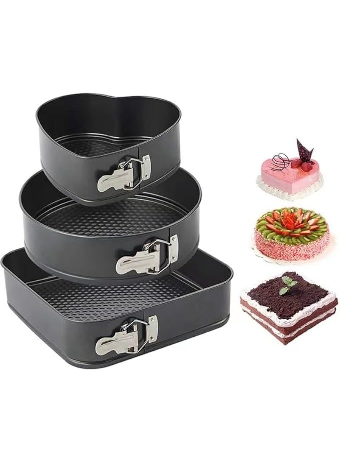 3-Piece Non-Stick Springform Cake Pan Set with Removable Bottom - Round, Square, and Heart Shapes - Image 1