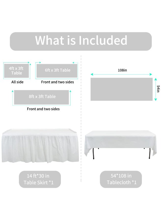 Mordely White Plastic Table Skirt & Tablecloth Set, 14FT Disposable Table Skirting includes Table Cover for Rectangle Table, Wedding, Birthday Party, Wine Party, Baby Shower, Buffet Banquet Decorations - Image 4